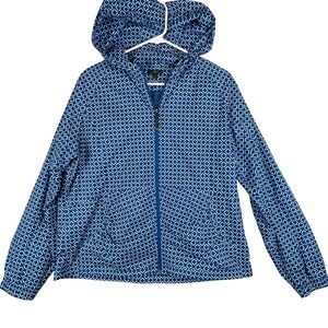 Hannah Womens Blue White Geometric Diamond Print Hooded Windbreaker Jacket Large